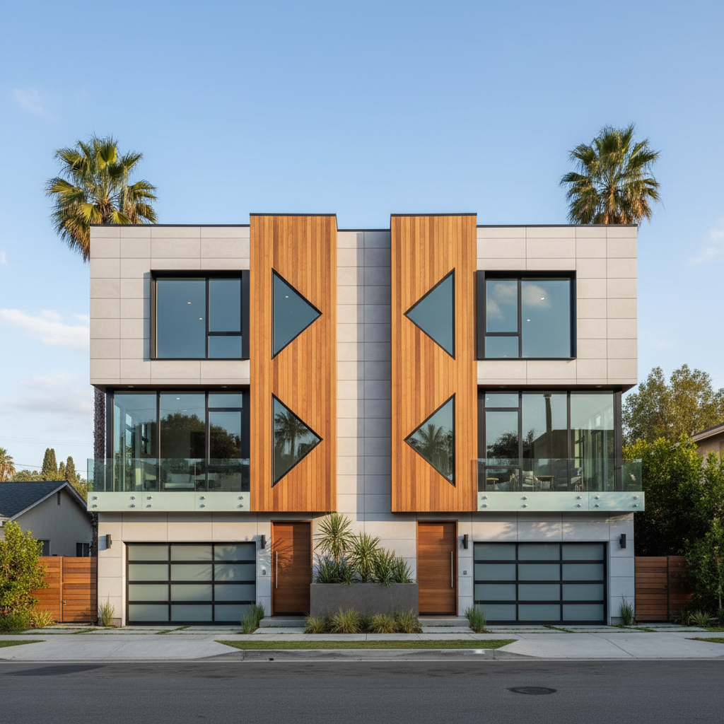Duplex vs. ADU: Understanding Multi-Unit Housing in CA — A clean, architectural rendering of a modern duplex building with two symmetrical units, each with its