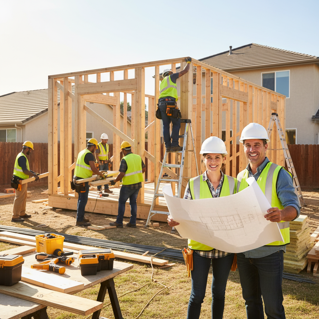 When ADU Construction Stops: Your Guide to Next Steps — A well-organized construction site for an ADU with a team of professional builders actively working, ill