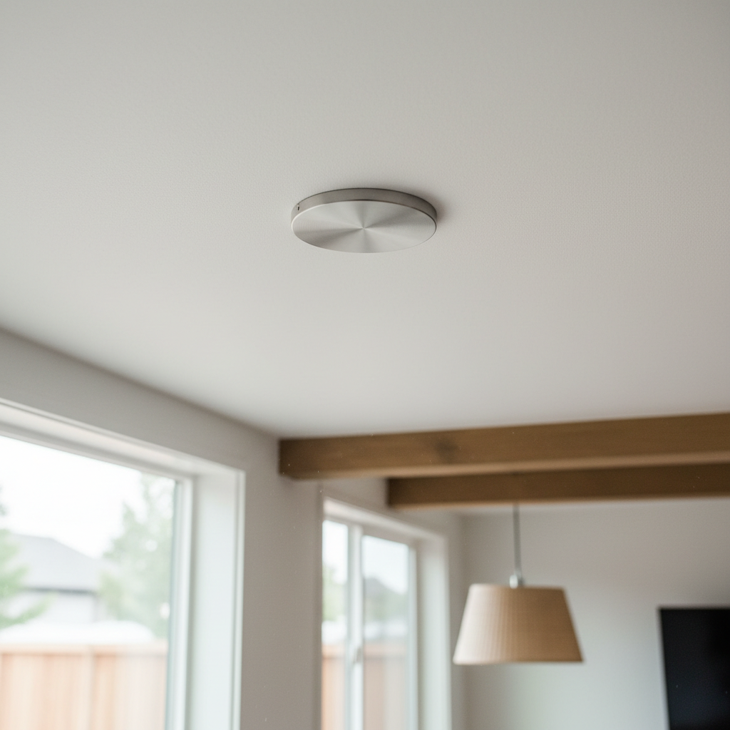 Navigating Your ADU Fire Department Review in California — A close-up shot of a modern fire sprinkler head installed discreetly in the ceiling of a stylish ADU