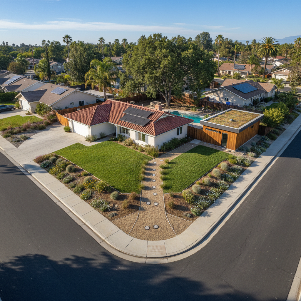 Building an ADU on a Corner Lot in California: A Comprehensive Guide — An aerial view rendering of a well-utilized corner lot in a California suburban setting,