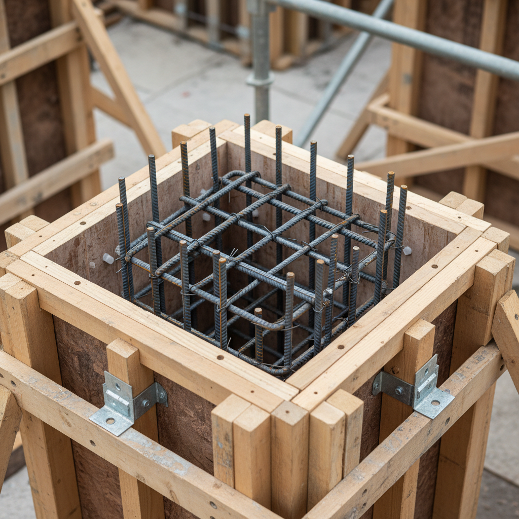 Beam Pockets in ADU Construction: Detailing Explained — Close-up of concrete formwork for a beam pocket with rebar visible, ready for concrete pour. The wooden