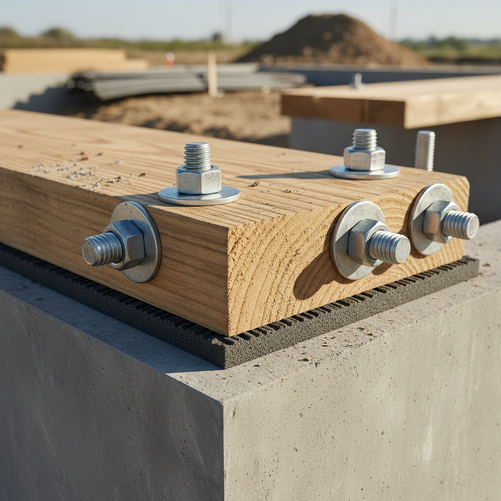 The Unsung Hero: What Is a Sill Plate in ADU Construction? — Close-up, photorealistic view of a sill plate securely fastened to a concrete foundation with ancho