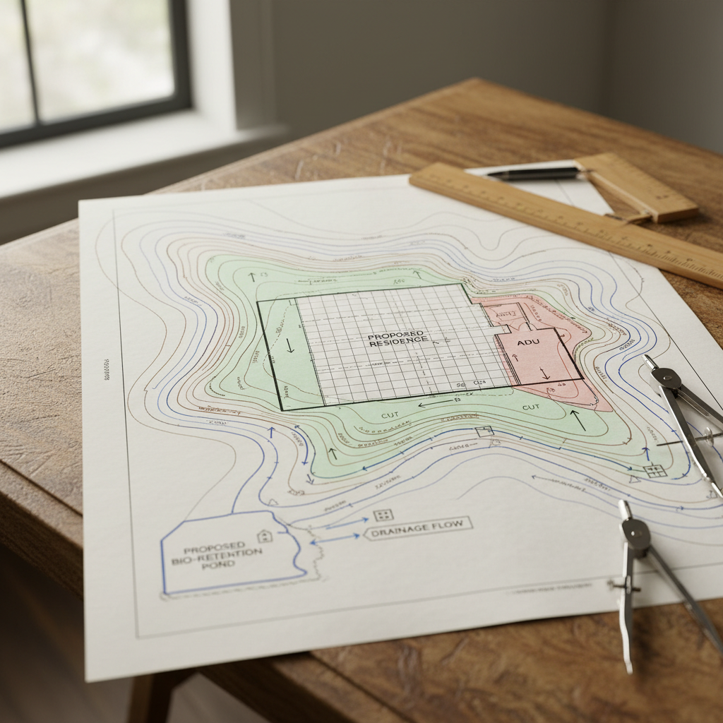 What Is an ADU Grading Plan and When Do You Need One? — A photorealistic close-up of a detailed engineering drawing or blueprint showing contour lines, cut and