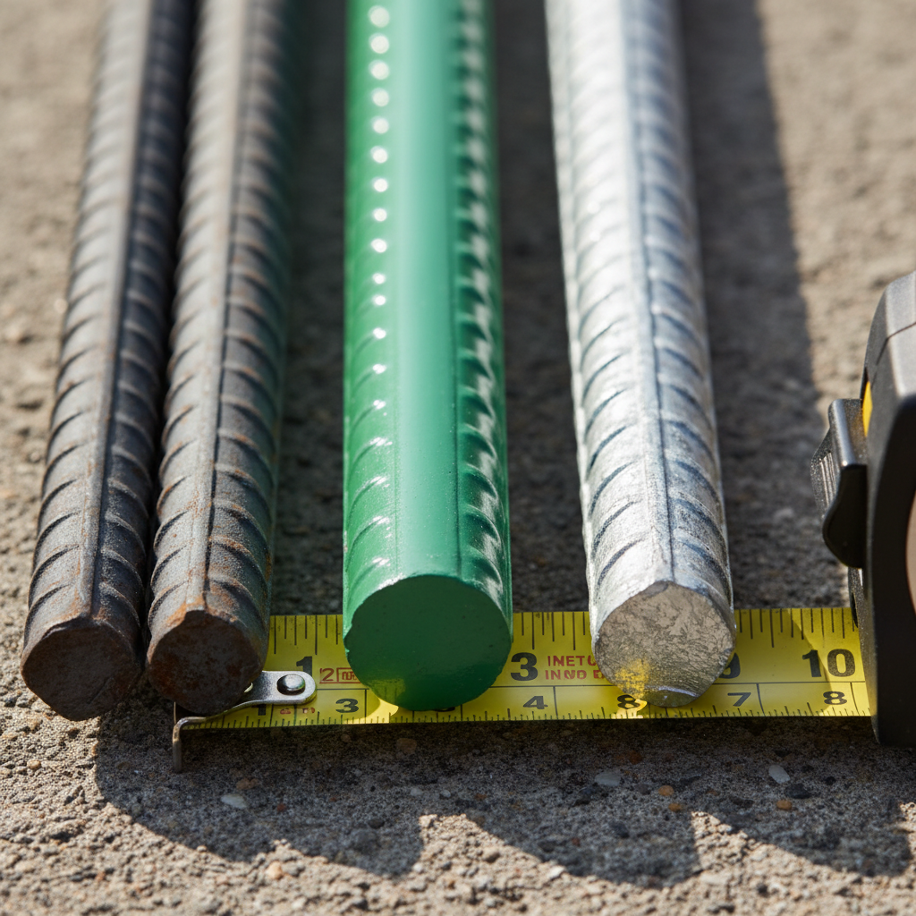 Rebar in ADU Foundation: Strength & Specification Explained — Close-up, photorealistic shot of various types of rebar (carbon steel, epoxy-coated, galvanized) l