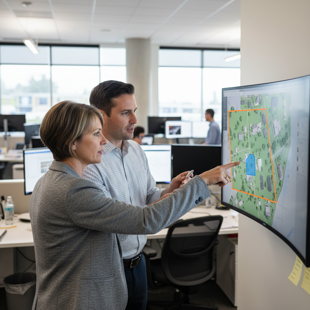 ADU Pre-Application Meeting: Your Essential First Step — A homeowner and a city planner leaning over a large, digital site map displayed on a monitor, pointing