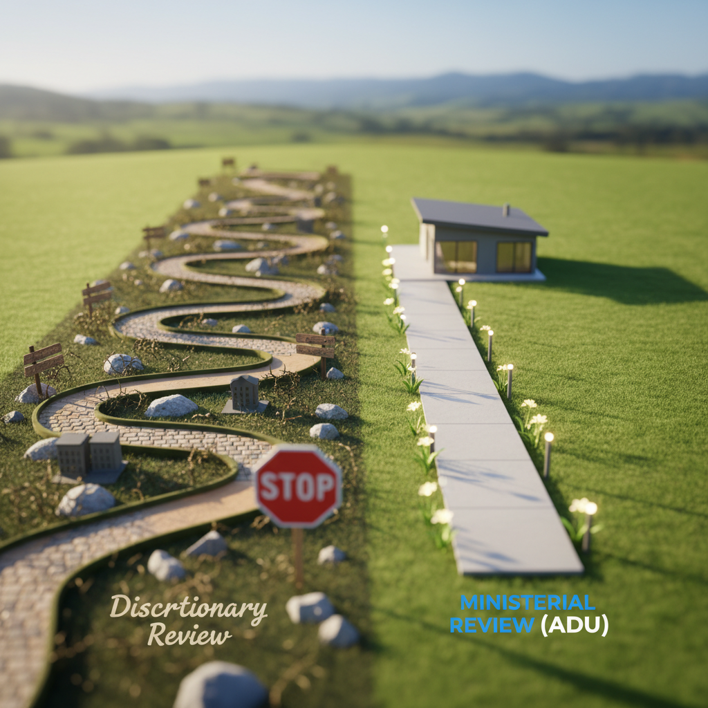 Discretionary Review & ADUs: California Exemptions Explained — A stylized graphic illustrating two distinct paths: one path is long, winding, filled with obstac