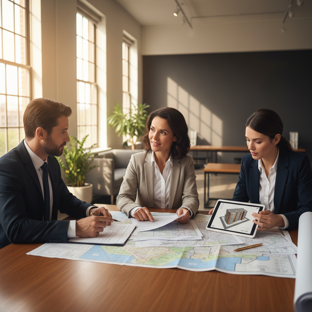 Zoning Variances for California ADUs: Do You Need One? — A homeowner (diverse, mid-40s) engaged in a serious but hopeful discussion with a city planning officia