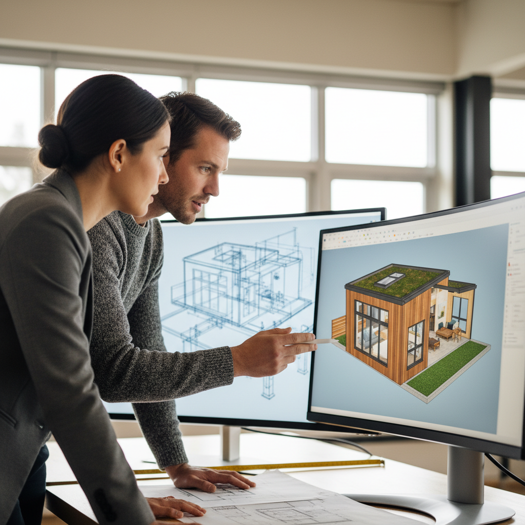 The ADU Design Phase: Before City Plans Go In — A close-up shot of an architect and a homeowner looking at a 3D model or refined blueprint of an ADU on a large