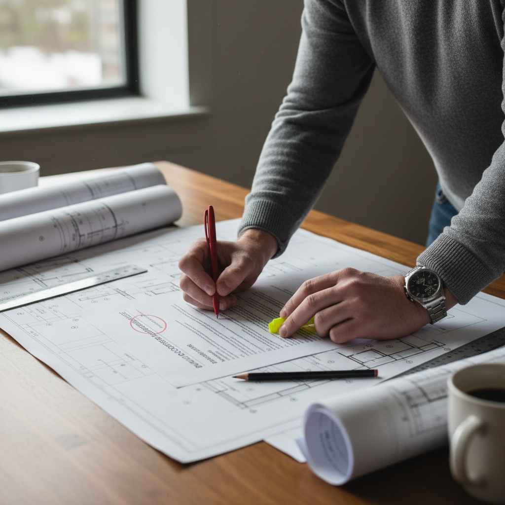 Building Department Correction Letters for ADUs: A Guide — A person's hands, possibly an architect or homeowner, meticulously reviewing a detailed building depa