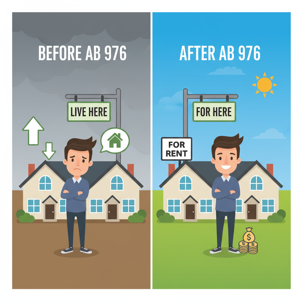 What Is AB 976 and How It Changed Owner Occupancy Rules for ADUs in California — A split image or infographic-style image visually comparing 'before AB 976' (a