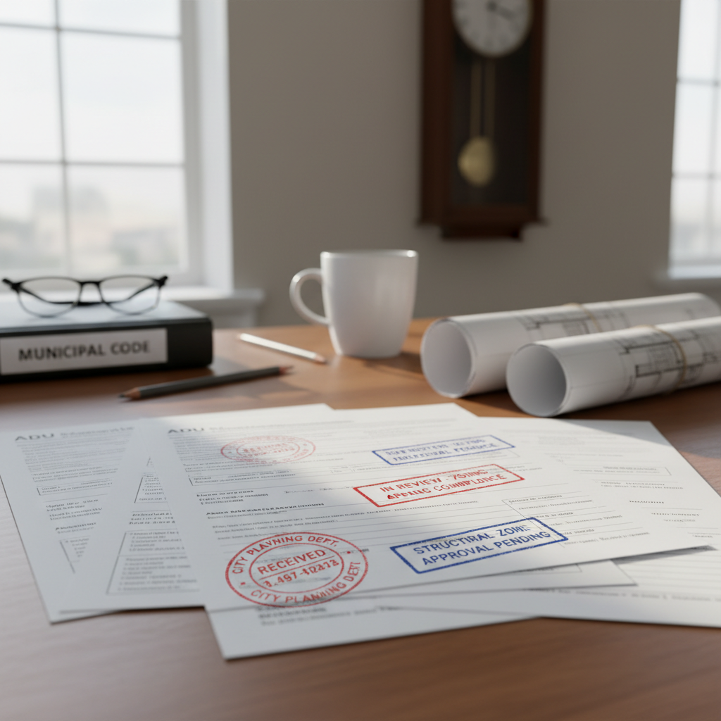 Navigating California ADU Permits: New Rules for Homeowners — A close-up of a city planner's desk, showing a partially completed ADU permit application with var