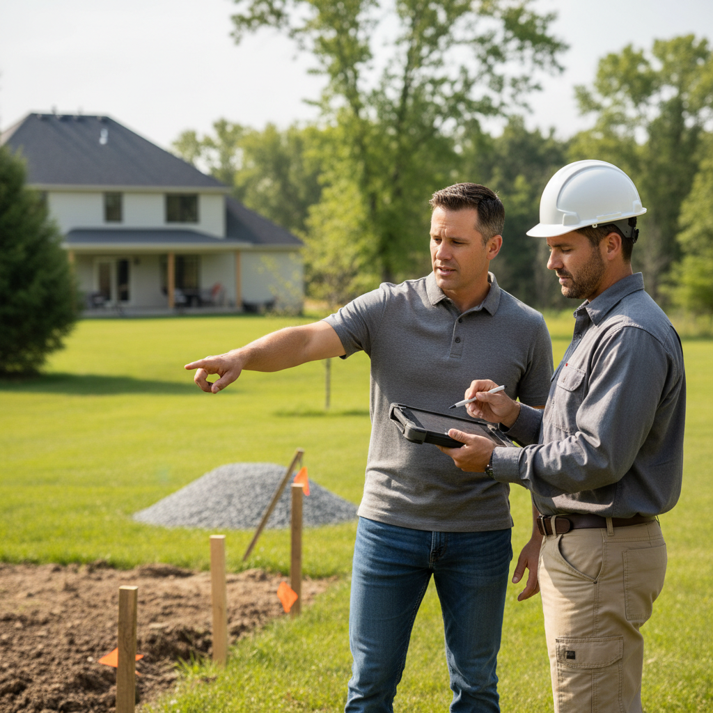 How to Prepare Your Property for ADU Construction Before Work Starts — A homeowner speaking with a construction foreman or project manager in a backyard. The ho