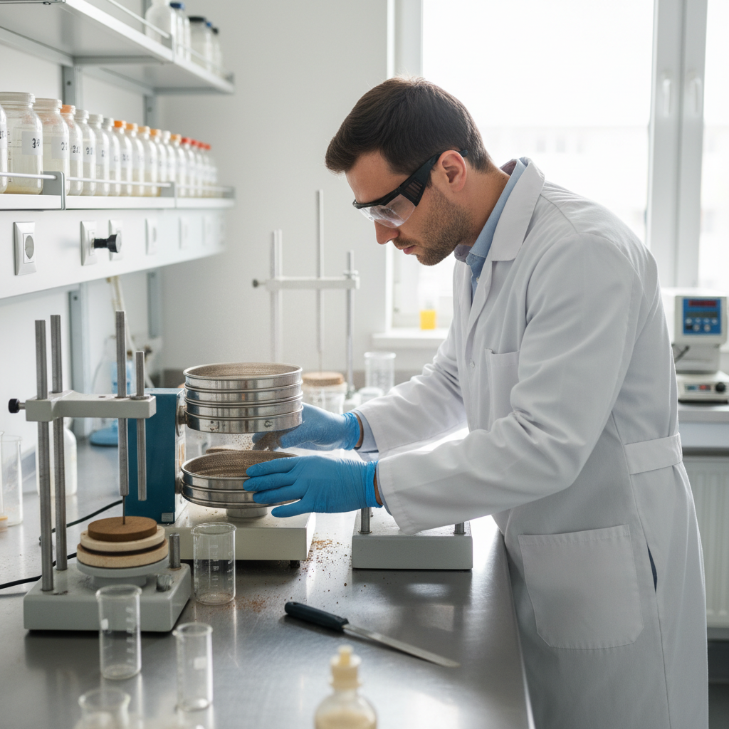 When Your ADU Project Requires a Geotechnical Report — A photorealistic image of a laboratory technician in a clean lab environment, meticulously analyzing soil