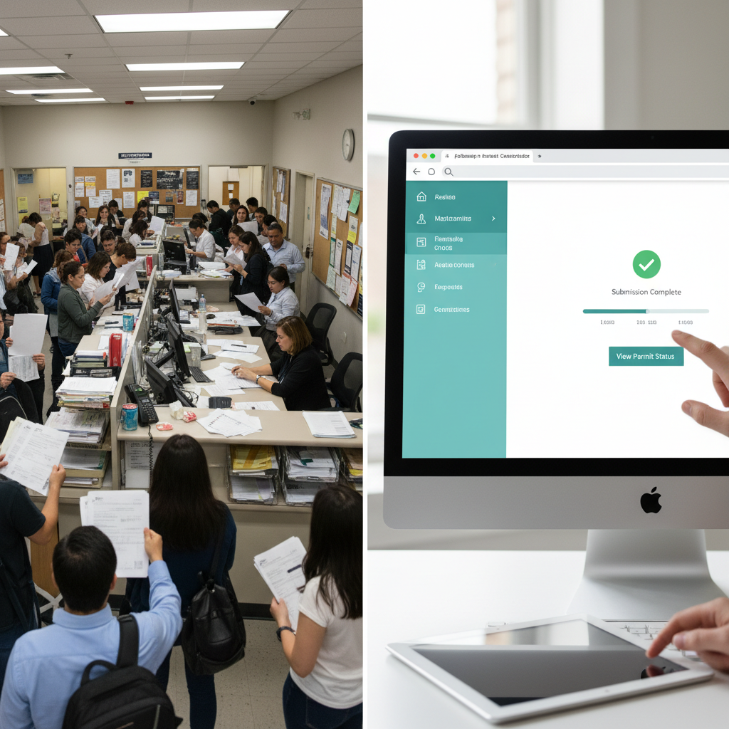 ADU Permit Delays in California: Causes & Avoidance Strategies — A split image: one side showing a crowded, bustling counter at a city planning department with