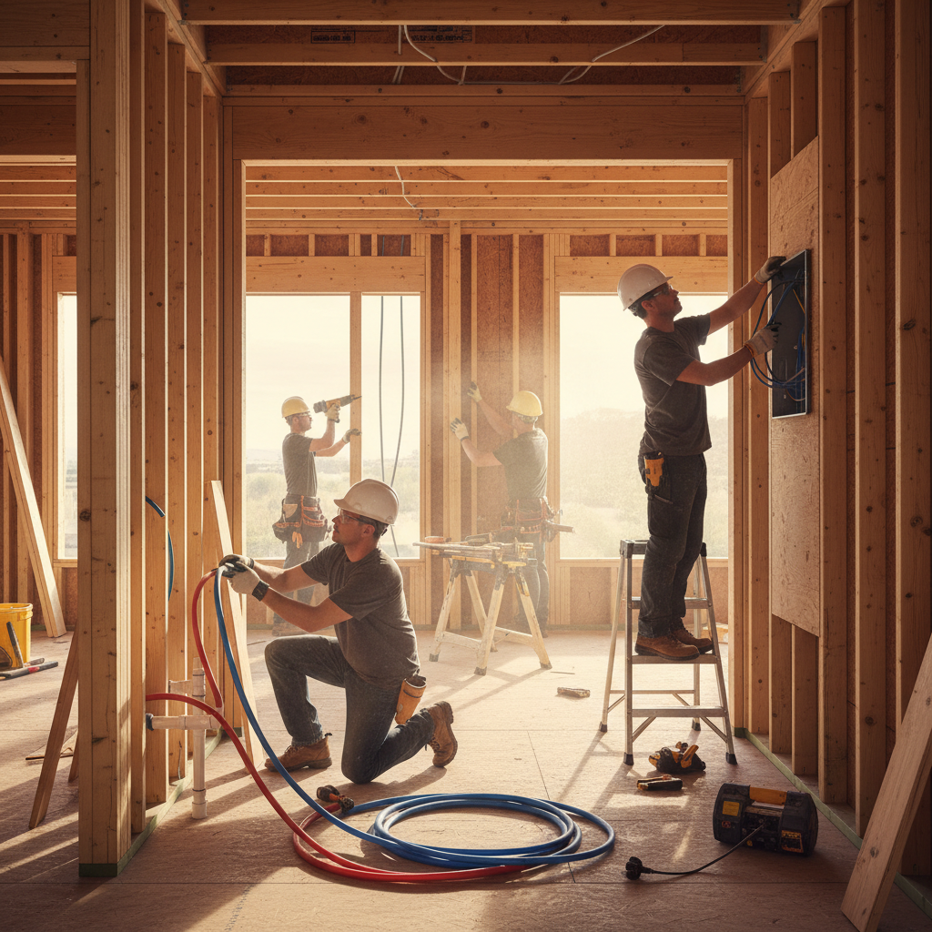 ADU Subcontractors: The Backbone of Your Backyard Home Build — Photorealistic, dynamic scene of different specialized ADU construction subcontractors working si