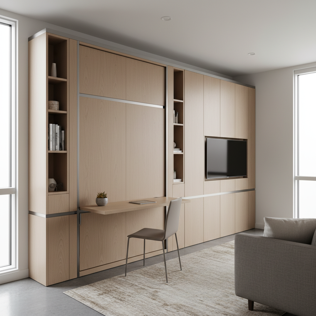 How to Separate Living and Sleeping Areas in a Studio ADU — An innovative studio ADU interior featuring a state-of-the-art Murphy bed (wall bed) seamlessly inte