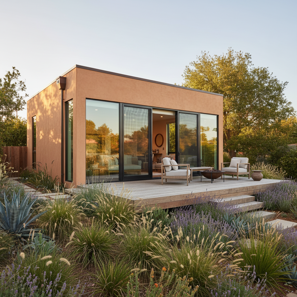 Stucco for Your California ADU: Pros, Cons & Expert Guide — A beautifully designed modern ADU nestled in a lush California garden, featuring a warm, earthy-tone