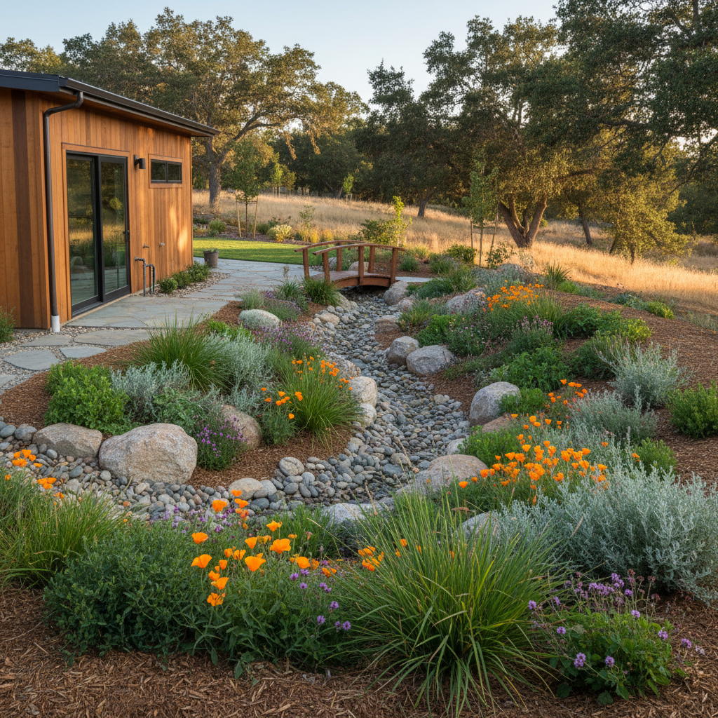ADU Stormwater Requirements in California: A Guide — A vibrant rain garden in a California backyard, featuring native drought-tolerant plants, designed to colle