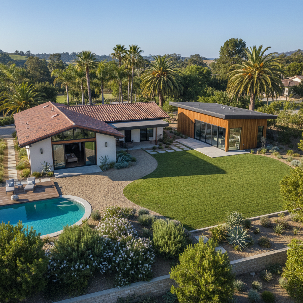 Granny Flat vs. ADU in California: Understanding the Difference — A photorealistic, aerial view or wide shot of a residential property in California, clearly sh