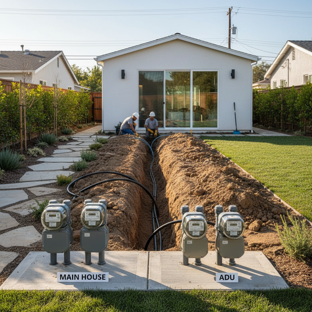 ADU Utilities: Shared or Separate for Your California Backyard Home? — A photorealistic image showing a trench being dug in a neatly landscaped California backy