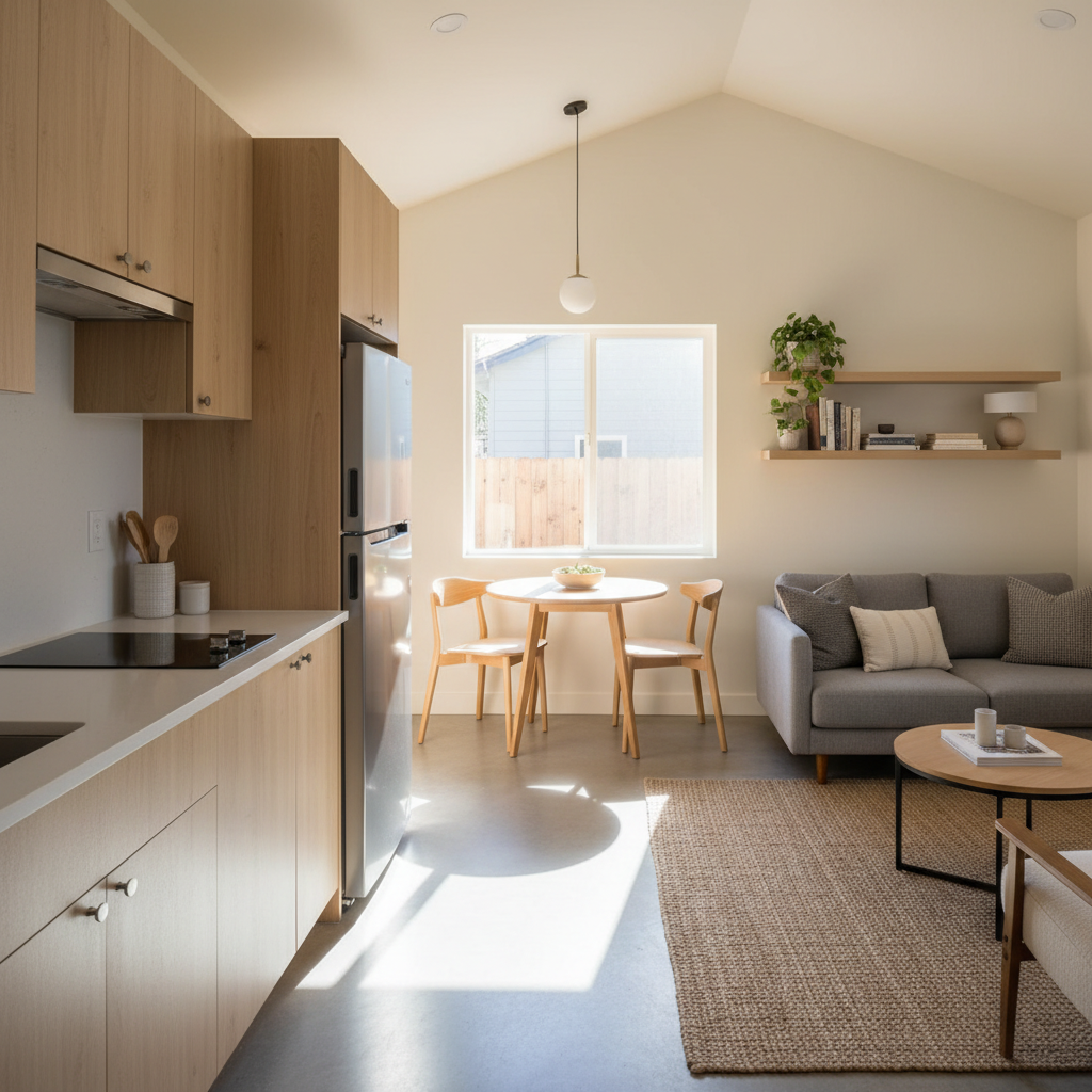 Granny Flat vs. ADU in California: Understanding the Difference — A photorealistic, cozy interior shot of a modern ADU living space, featuring a small, well-des