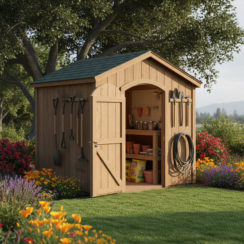 Accessory Structure vs. ADU: CA's Key Differences — A photorealistic image of a neatly organized, detached wooden garden shed in a Californian backyard, surroun