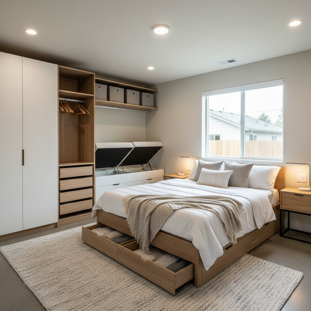 How to Design an ADU Bedroom for Flexible Living Over Time — A cozy, well-organized ADU bedroom showcasing smart storage solutions: built-in wardrobe with adjus