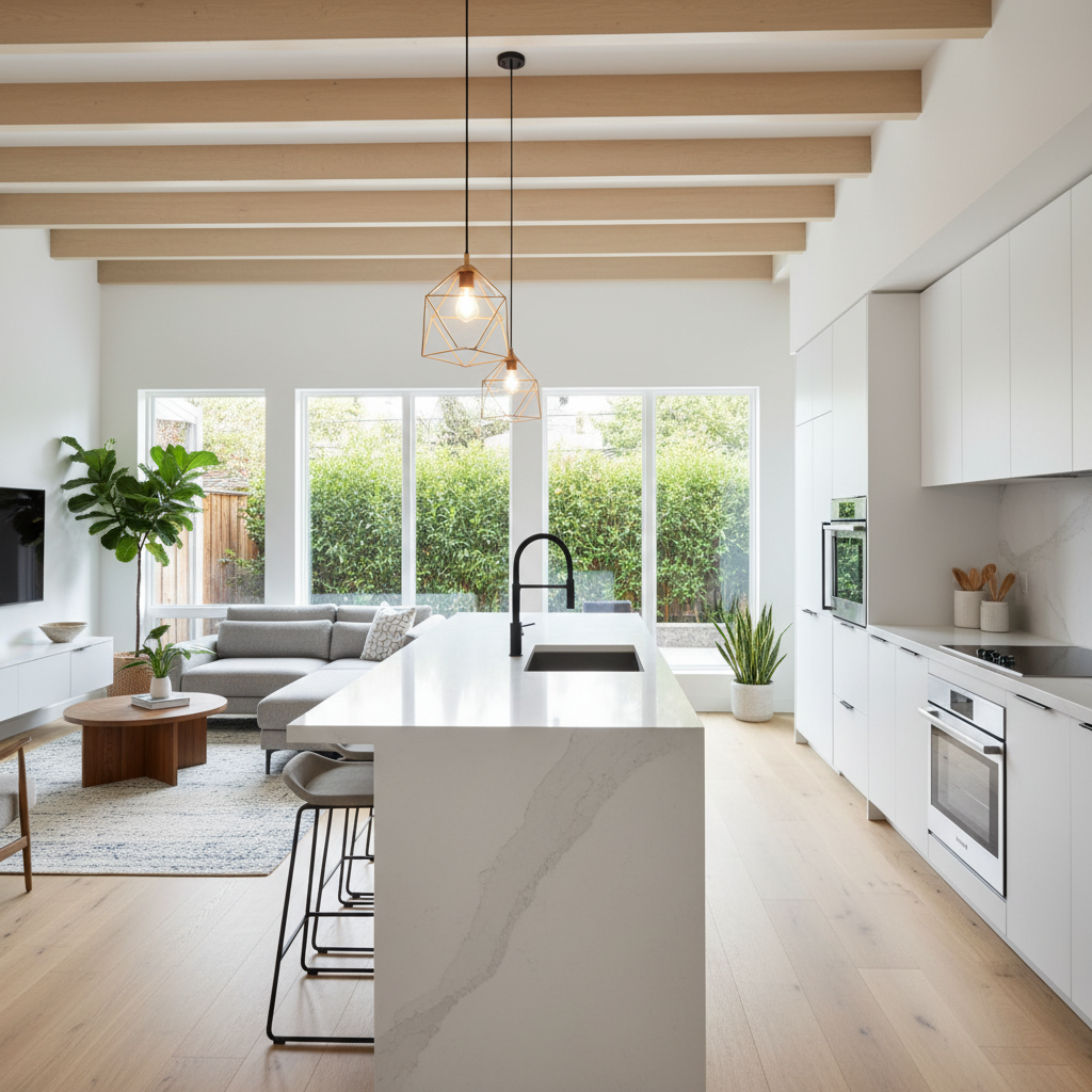 ADU Layout: Open Concept vs. Divided Rooms – Which is Best? — A bright, contemporary ADU kitchen area that opens directly into a comfortable living space, showc