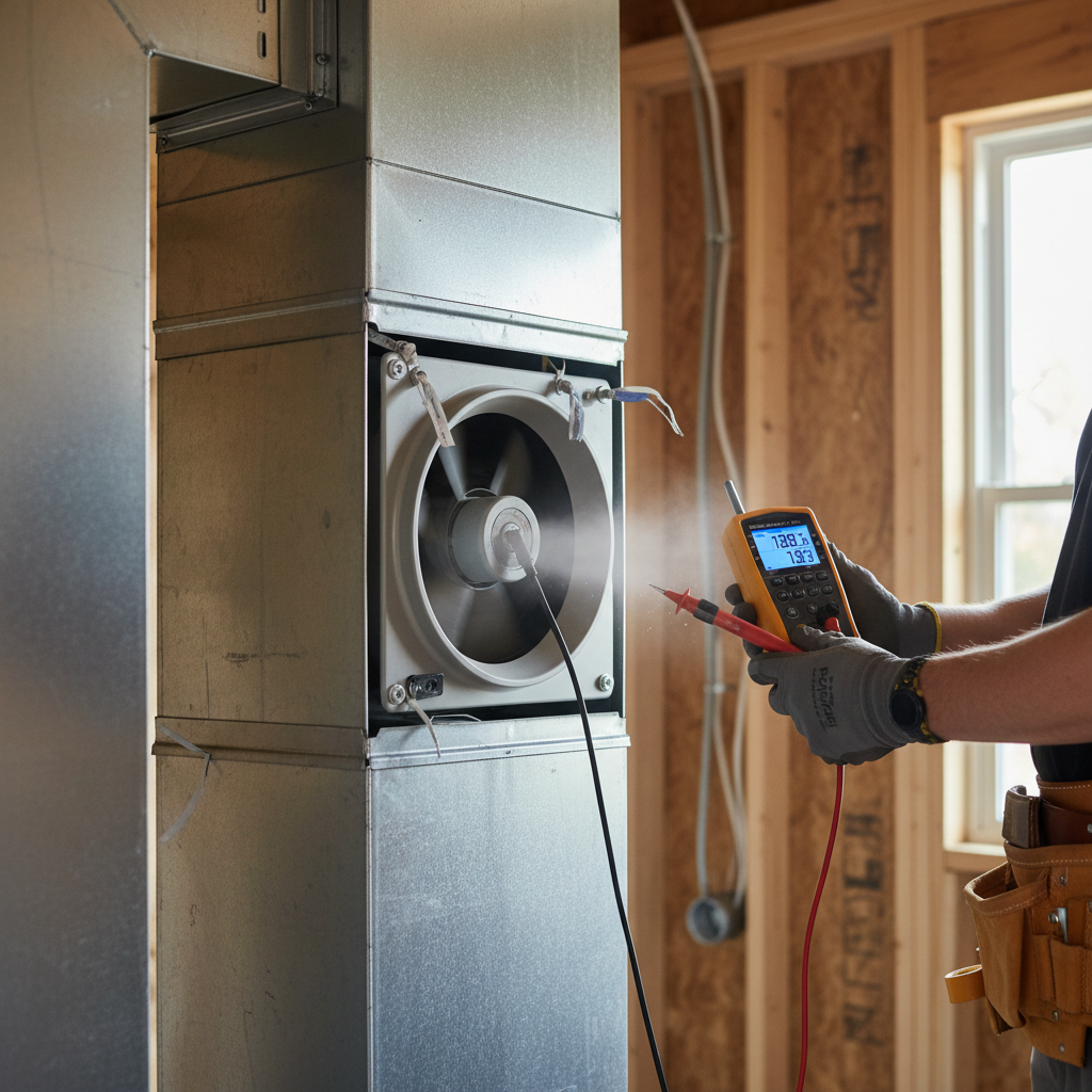 What Is a Duct Test and When Does an ADU HVAC System Require One? — A close-up, cutaway view of a residential HVAC duct system, showing a fan attached to a duct