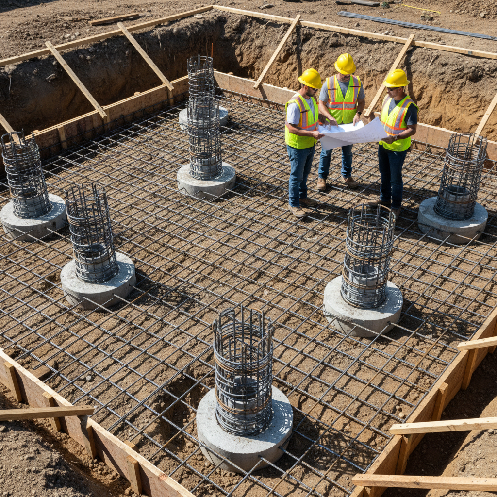 Natural Hazard Disclosure Zones & Your ADU Permit — A detailed close-up shot of an ADU's foundation under construction, showcasing advanced seismic reinforcemen