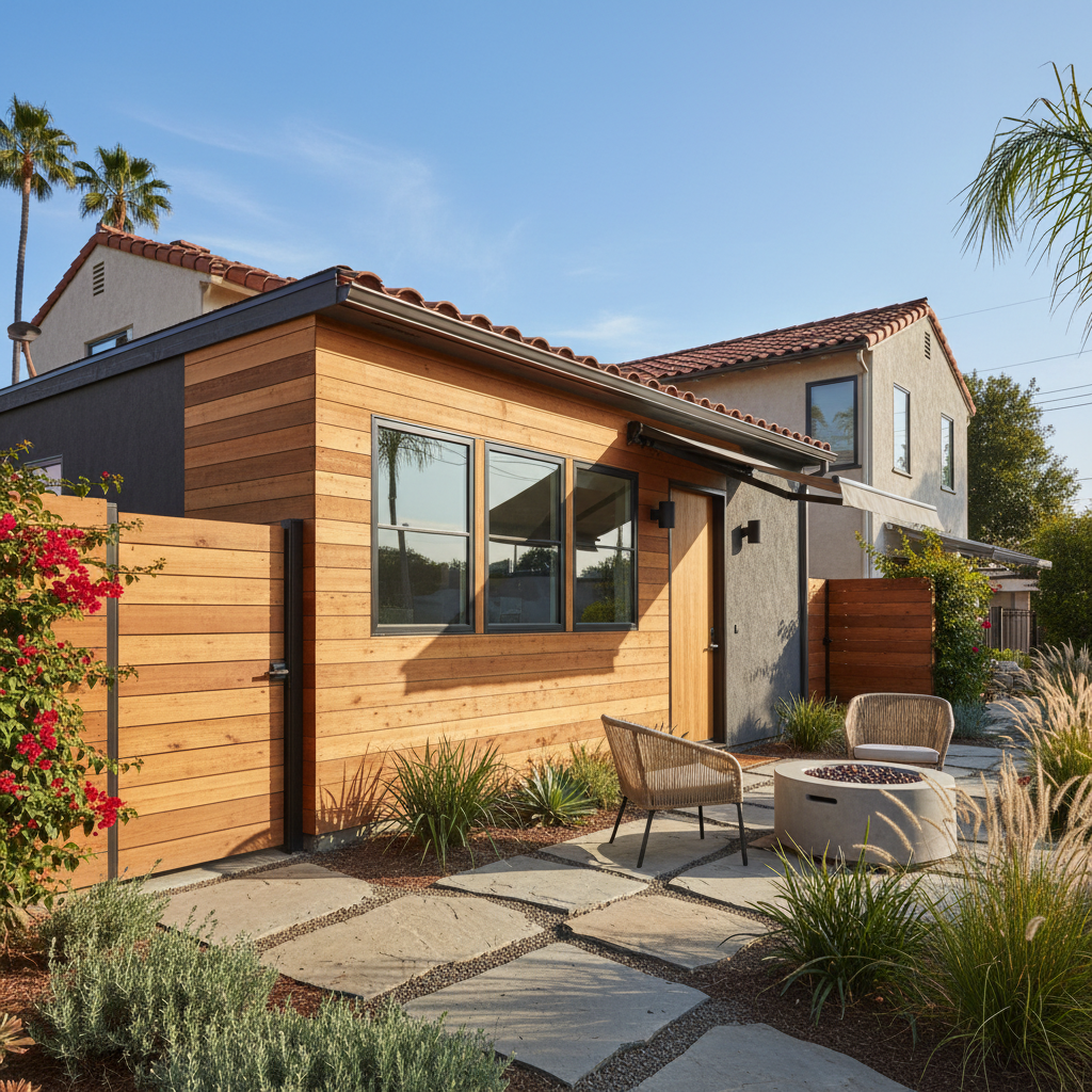 Attached ADU vs. JADU: Converting Your Space in CA — Photorealistic image of a beautifully converted attached garage ADU exterior, showcasing a new separate ent