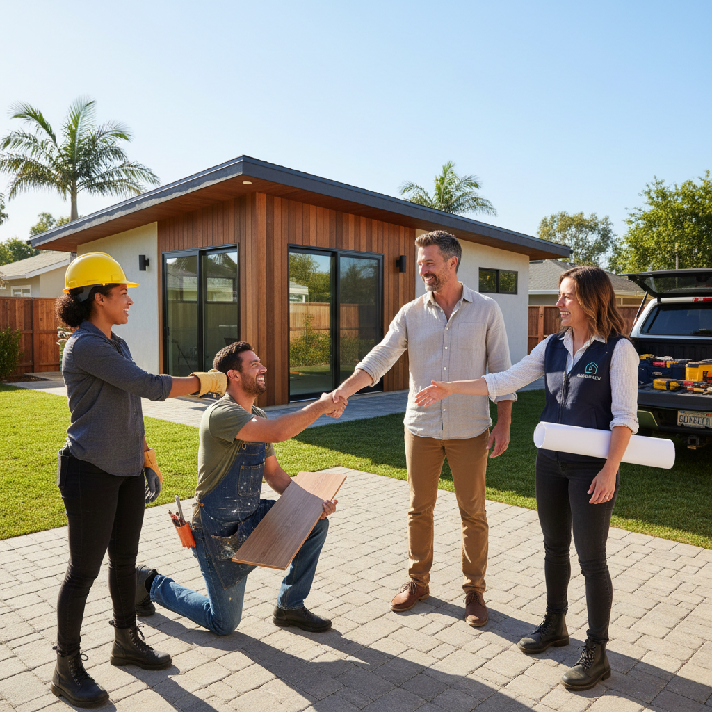 ADU Subcontractors: The Backbone of Your Backyard Home Build — Photorealistic, a diverse group of skilled ADU construction subcontractors (e.g., a roofer, a pai