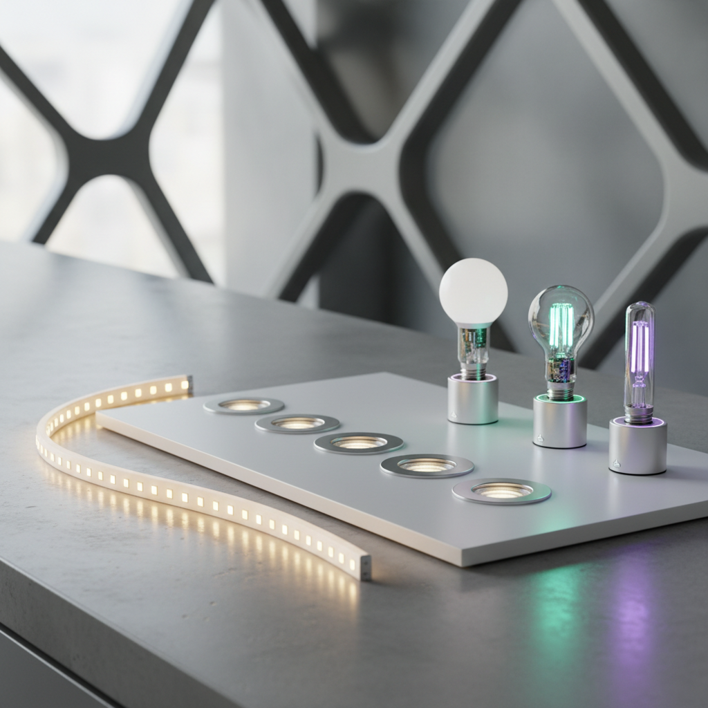 ADU Lighting Design: Plan Before Drawings Go to the City — Photorealistic, energy-efficient LED light fixtures (recessed, strip, and smart bulb) neatly arranged