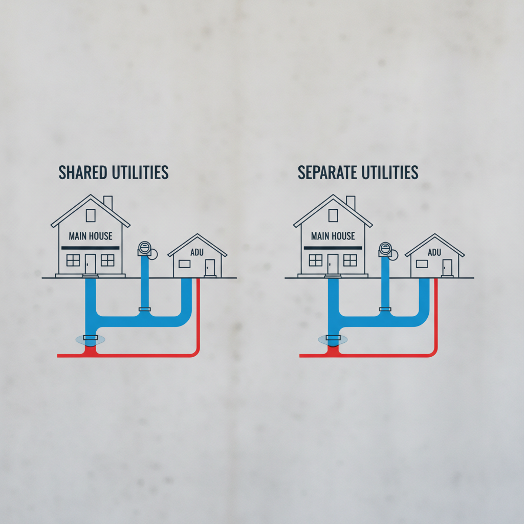 ADU Utilities: Shared or Separate in California? — A clear, illustrative graphic or schematic contrasting shared versus separate utility connections for a main