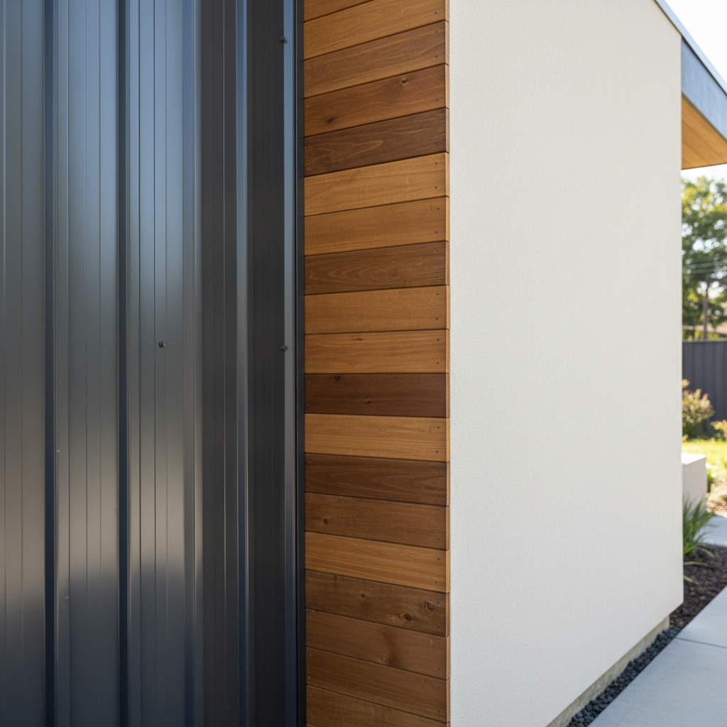 Best ADU Siding for California: Durability & Style — A side-by-side comparison image of different ADU siding textures: one section showing sleek metal siding, a