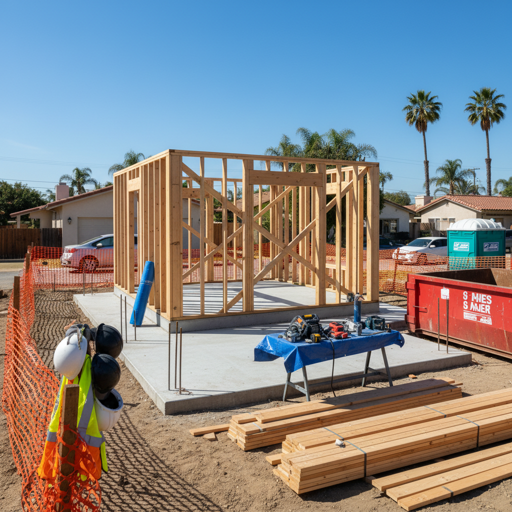 Granny Flat vs. ADU in California: Understanding the Difference — A photorealistic, clear architectural rendering or photo of a detached ADU construction site i