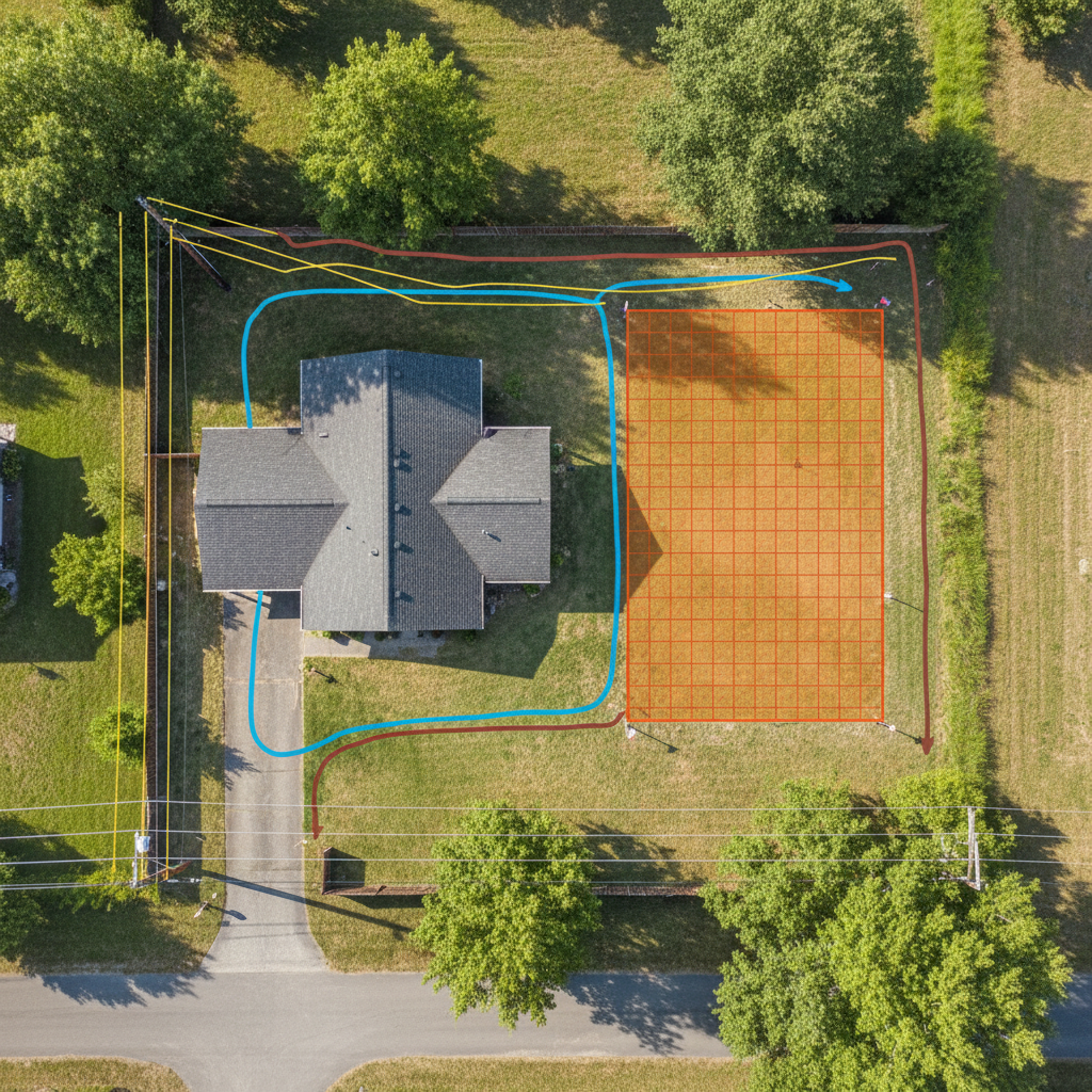 How to Prepare Your Property for ADU Construction Before Work Starts — An aerial view or high-angle shot of a property with colored overlays indicating differen