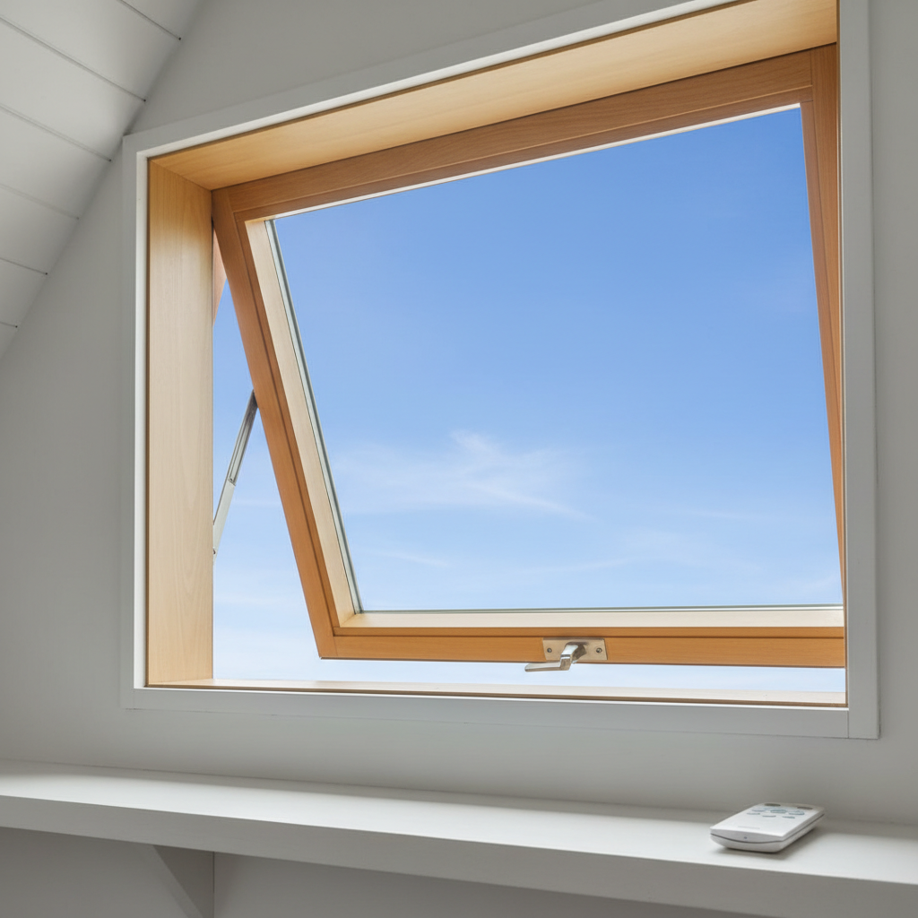 Clerestory Windows in ADUs: Brightening Your Backyard Home — Photorealistic, close-up interior view of an operable clerestory window in an ADU, showing it sligh