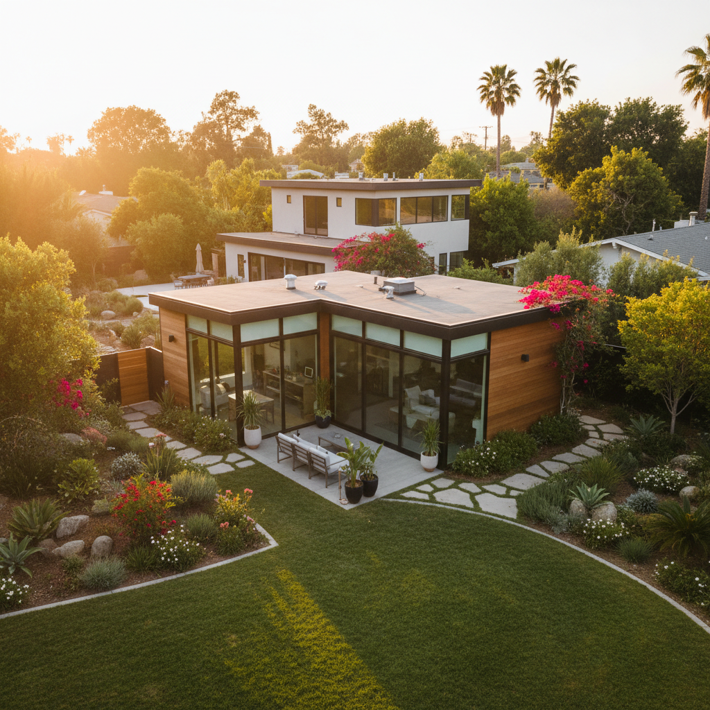 ADU Pre-Application Meeting: Your Essential First Step — A stunning, completed modern ADU (backyard home) situated in a lush, well-landscaped Californian backya