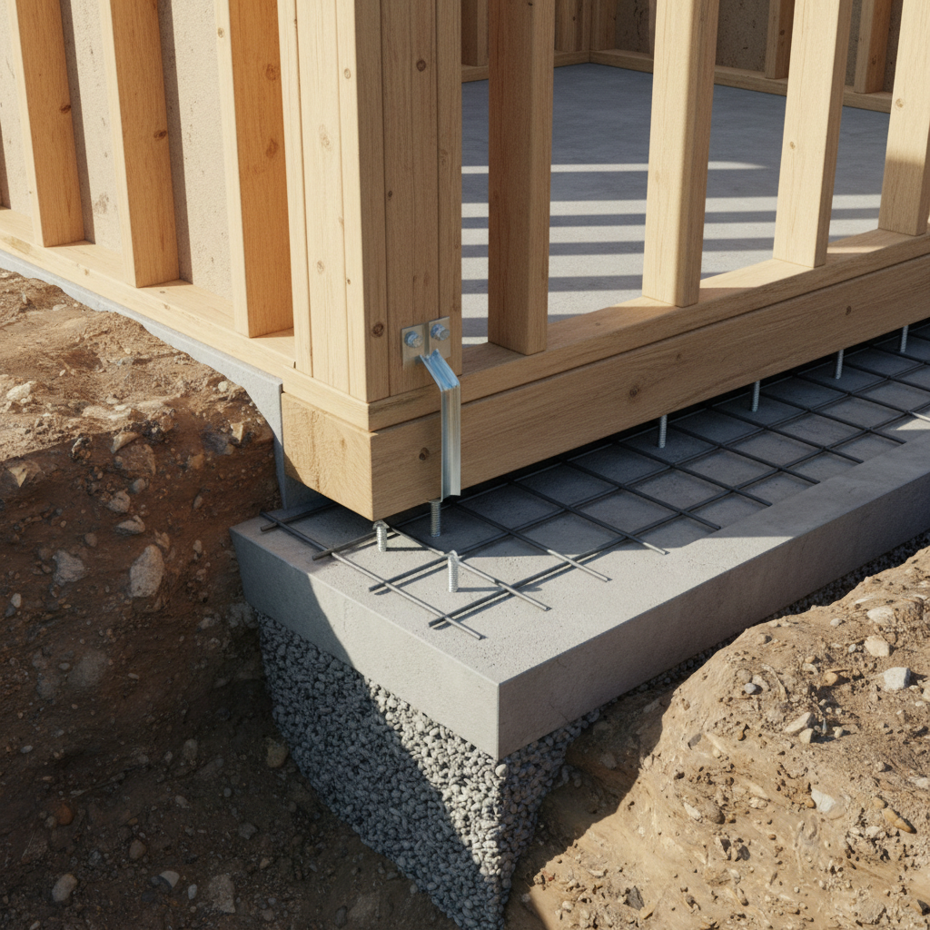 California ADU Seismic Requirements: What Gets Engineered & Why — A detailed, photorealistic cross-section illustration of an ADU foundation showing rebar, anch