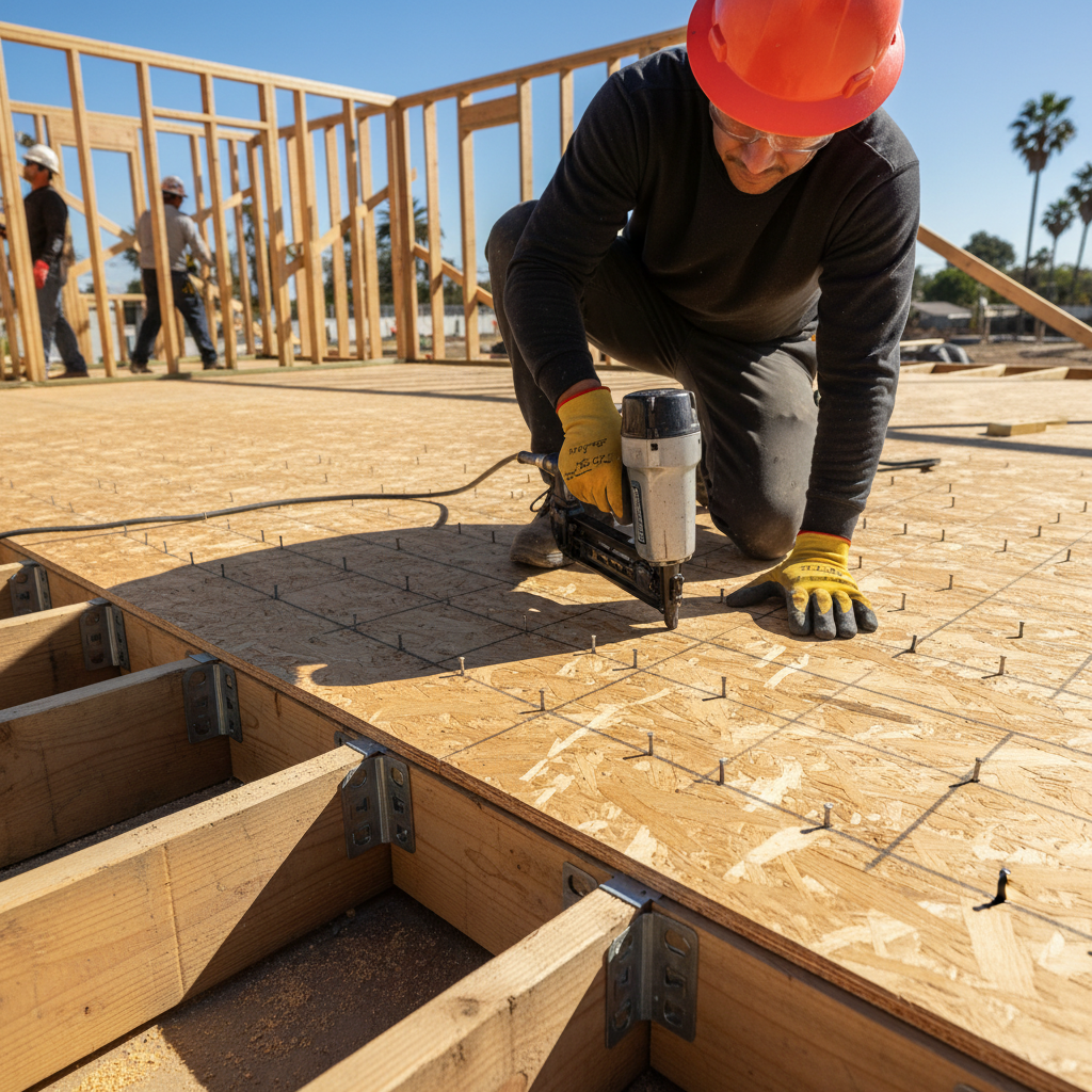 ADU Structural Diaphragms: Engineering for Safety & Durability — A close-up, detailed view of a construction site showing workers installing wood structural pan