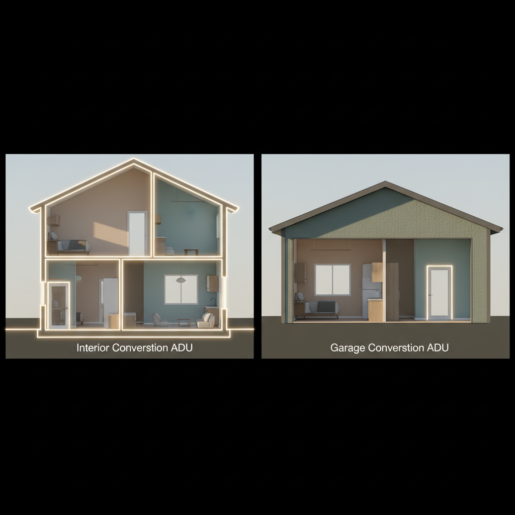 Interior Conversion ADU vs. Garage Conversion ADU — A photorealistic architectural rendering or diagram illustrating the internal layout differences between an
