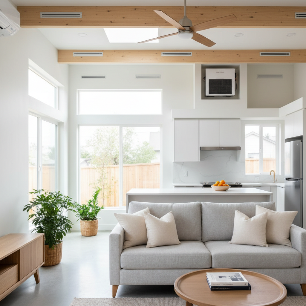 CalGreen for Your ADU: What California Homeowners Need to Know — The interior of a newly built ADU, showcasing excellent indoor air quality with bright, natural