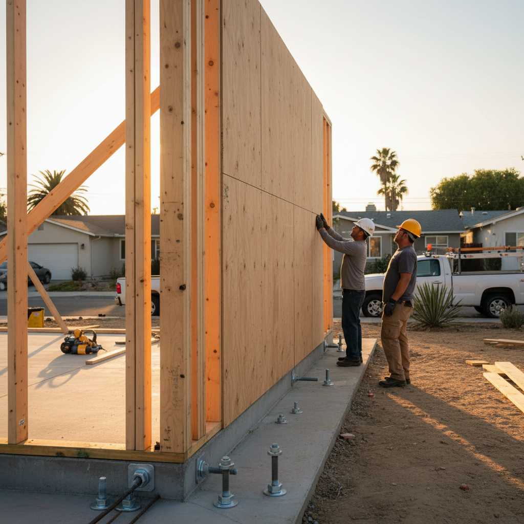 Shear Walls: Essential for California ADUs — Construction workers installing plywood shear walls on the frame of a new ADU, with hold-down bolts clearly visible
