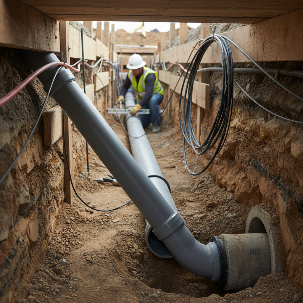 ADU Plumbing Explained: Water & Sewer Connections — An underground view of a trench with various utility lines, focusing on a new sewer pipe being laid with a c