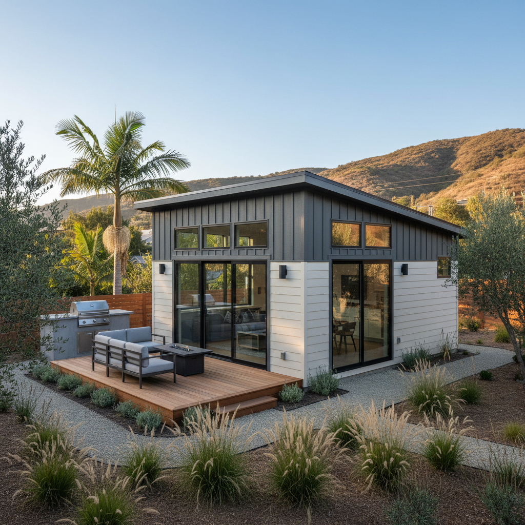 LP SmartSide for ADUs in California: Durability & Style — A finished, contemporary Accessory Dwelling Unit (ADU) in a California setting, featuring LP SmartSide