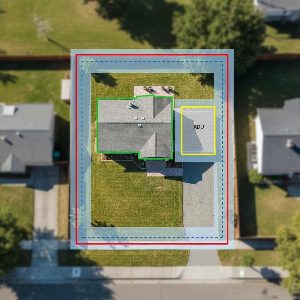 Zoning Variances for California ADUs: Do You Need One? — A clear, illustrative diagram showing a residential property with distinct colored lines indicating pro