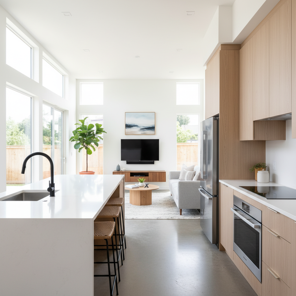 Detached ADU vs. JADU: Choosing Your Backyard Home — A photorealistic, bright and airy interior shot of a modern, fully-equipped detached ADU kitchen and living
