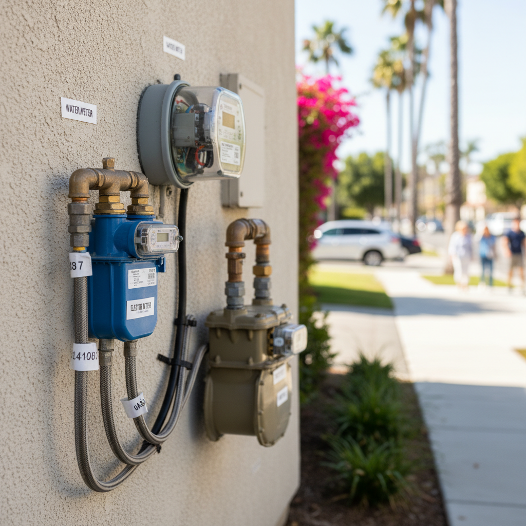 Understanding ADU Utility Capacity Fees in California — A detailed, close-up shot of various utility meters (water, electric, gas) on the side of a modern house