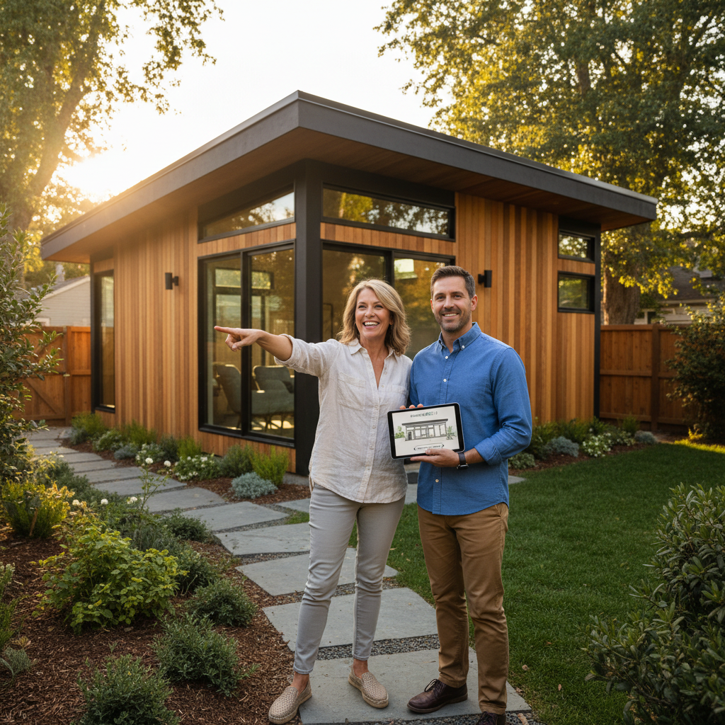 ADU Planning Commission: What It Is & If You Need Them — A homeowner happily pointing towards their newly completed ADU in a backyard, while a GatherADU represe